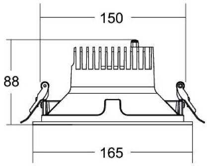 Technische Zeichnung einer eingebauten Leuchte mit Abmessungen: 150 Breite, 165 Basis-Breite und 88 Höhe.