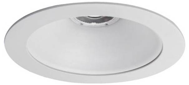 Rundes, bündiges Deckenleuchtengehäuse mit weißem Rahmen und mattiertem Diffusorpanel.