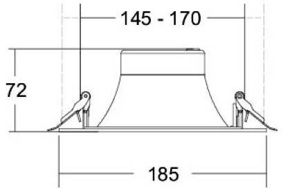 Technische Strichzeichnung eines Dachventils oder einer Dacheindeckung, die Abmessungen von 185 breit, 72 hoch und einstellbarer oberer Breite von 145–170 zeigt.