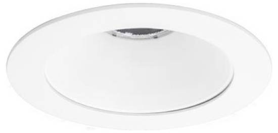 Runde weiße Einbaudeckenleuchte mit zentralem Zierring und Diffusorpaneel.