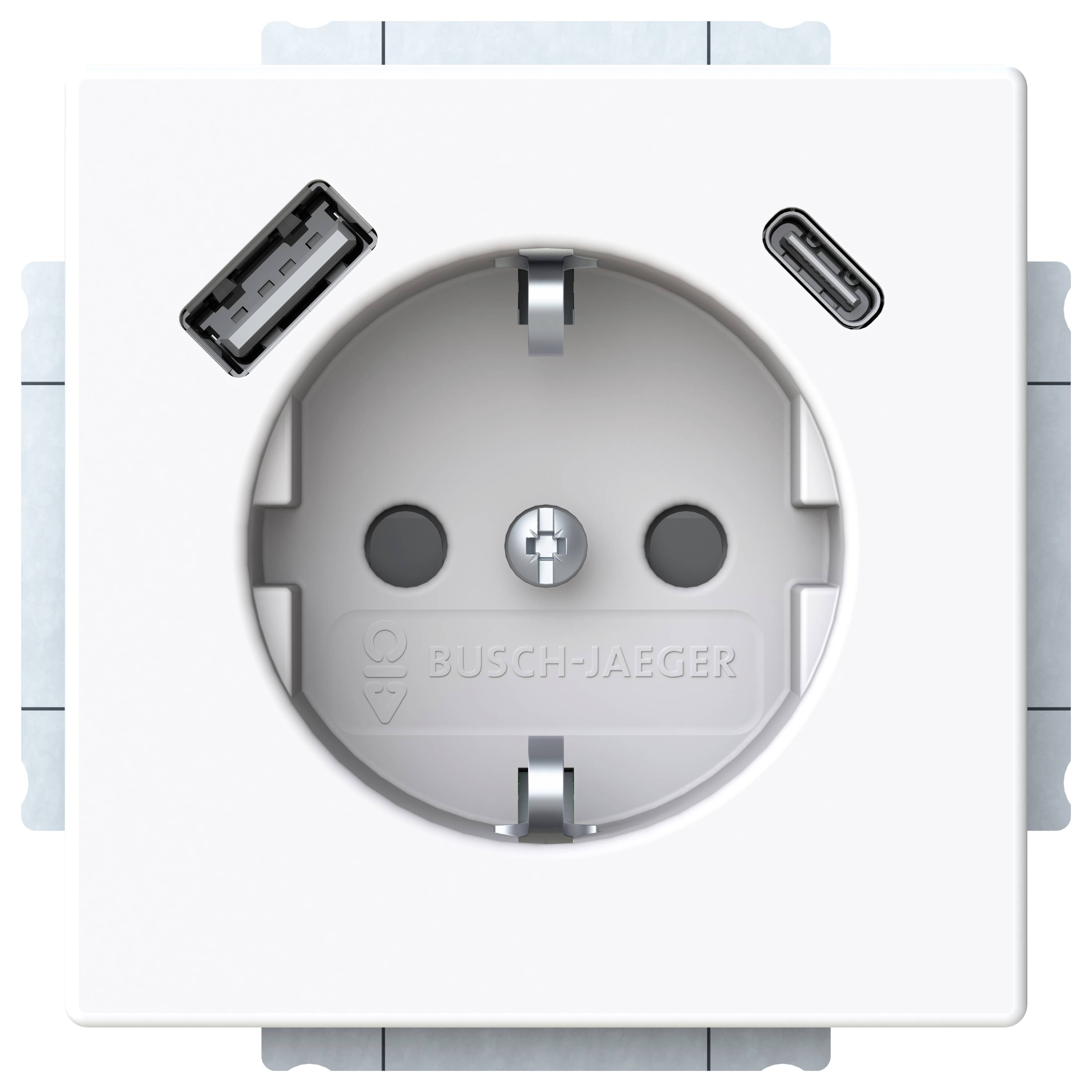 Eine weiße Wandsteckdose mit einem europäischen Stromauslass, einem USB-Anschluss und einem USB-C-Anschluss bietet vielfältige Lademöglichkeiten.