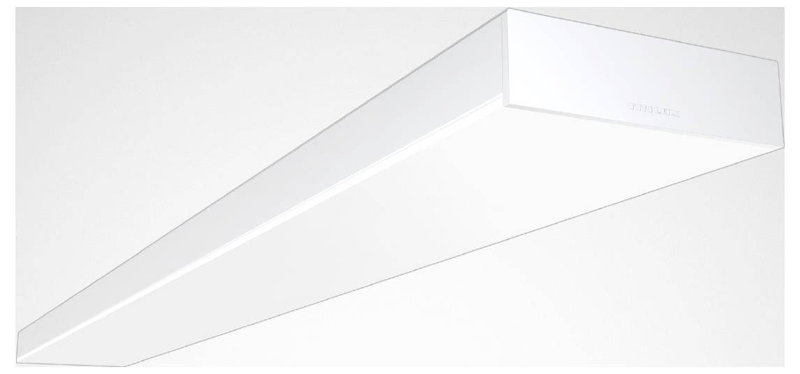 Eine schlanke, rechteckige, weiße, an der Decke montierte Leuchte, diagonal von unten links nach oben rechts ausgerichtet, vor einem hellgrauen Hintergrund.