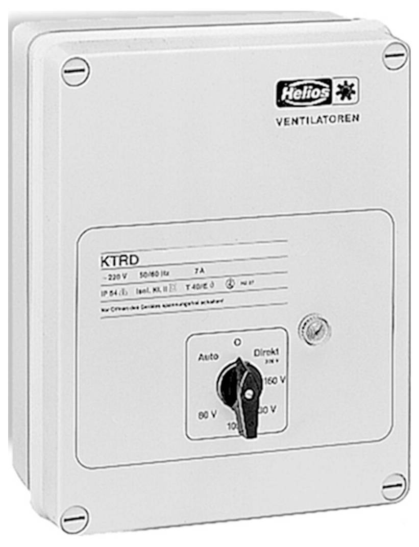 Eine weiße elektrische Steuerbox mit der Bezeichnung 'Helios Ventilatoren' mit einem Schalter und einer Liste von Spezifikationen, einschließlich Spannung und IP-Schutzart.