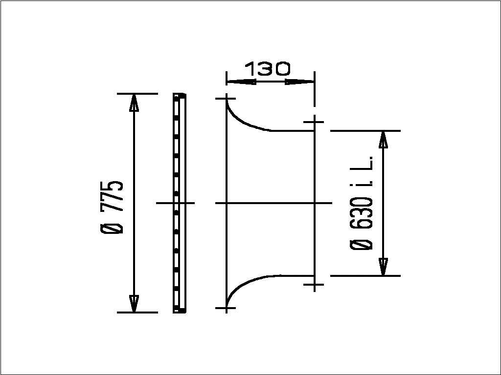 Technische Maßstabzeichnung eines zylindrischen Teils mit einem Durchmesser von 775 mm, einem Innendurchmesser von 630 mm und einer Länge von 130 mm.
