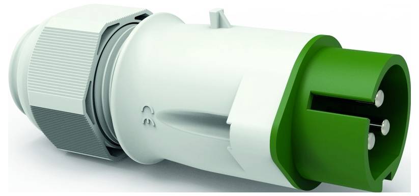 Ein weiß-grüner 3-poliger Elektrostecker mit verschraubbarer Kappe, konzipiert für sichere, wetterbeständige Verbindungen.