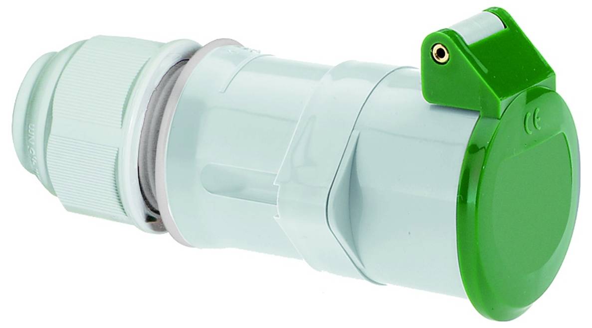 Ein hellgrüner Industrie-Stecker mit einer hellgrünen Schutzkappe, die zum sicheren Verbinden von Elektrogeräten verwendet wird.