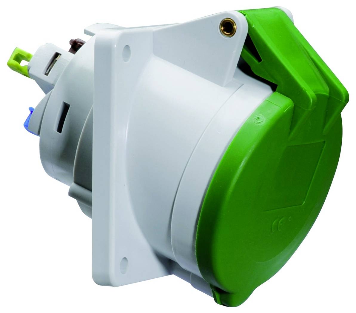Eine weiße Elektrosteckdose mit grüner Abdeckung und Montageflansch, konzipiert für industrielle Verwendung.