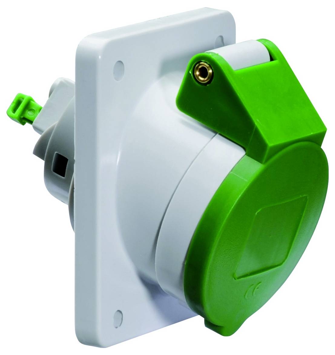 Eine weiß-grüne Industrie-Steckdose, montiert auf einer Wandplatte, konzipiert für robuste elektrische Verbindungen in industriellen Umgebungen.