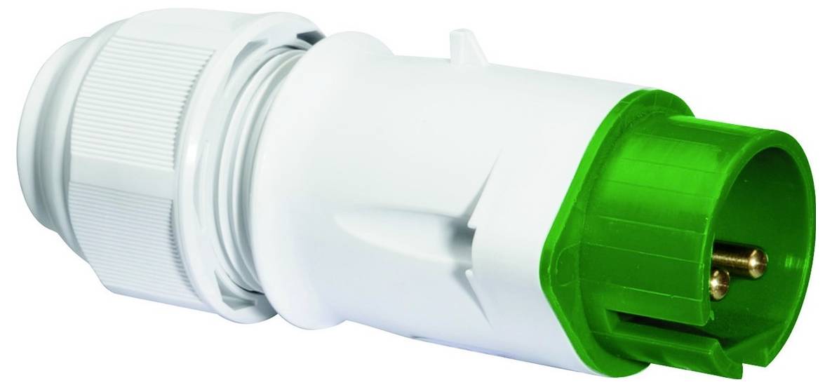 Ein weißer Stromstecker mit grünem Akzent, mit Schraubkappe und mehreren Kontaktstiften für die Verbindung.