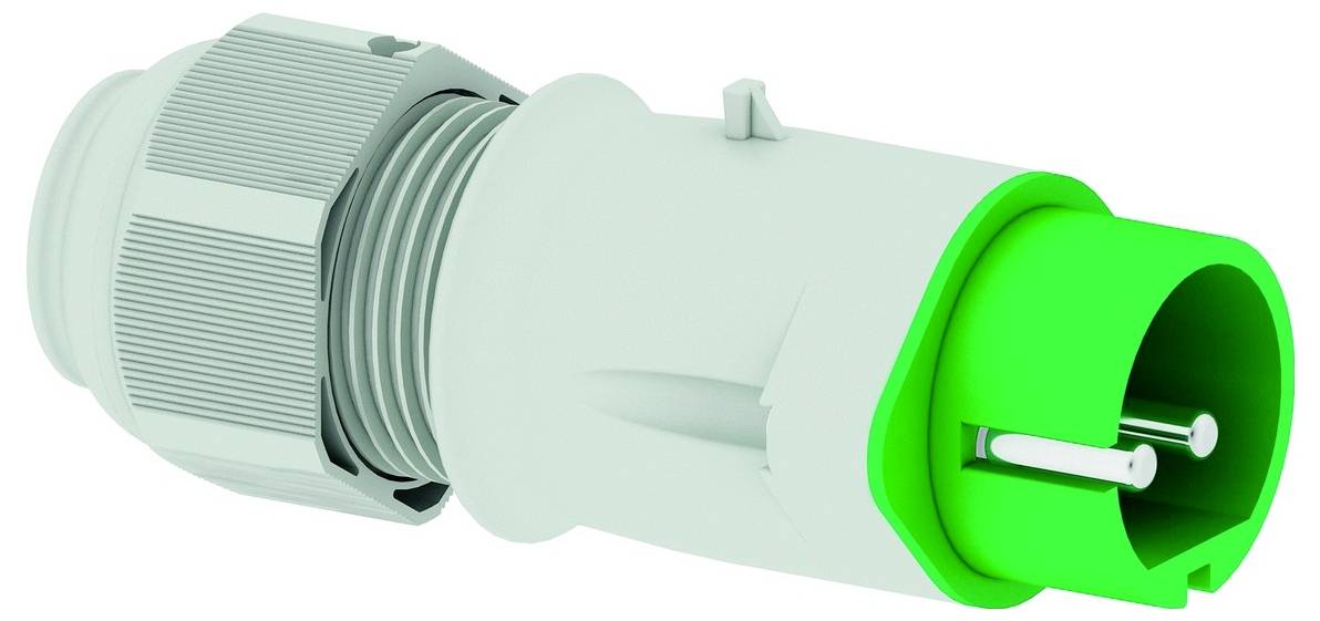 Nahaufnahme eines grünen und grauen Industrie-Steckverbinders mit robustem, strukturiertem Design für sichere elektrische Verbindungen.