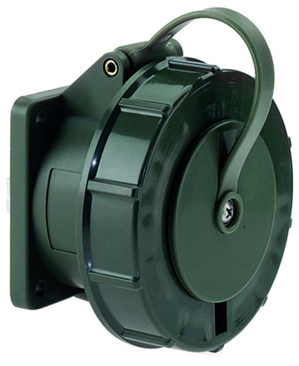 Eine grüne, kreisförmige, industrielle Steckdose mit abnehmbarem Deckel, montiert auf einer quadratischen Basis.