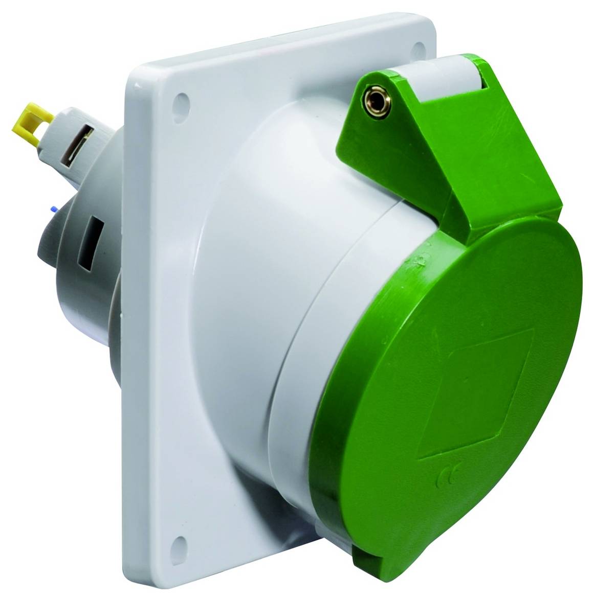 Eine grüne elektrische Steckdose mit Schutzabdeckung, auf einer weißen Basis montiert, für Industrieanwendungen verwendet.