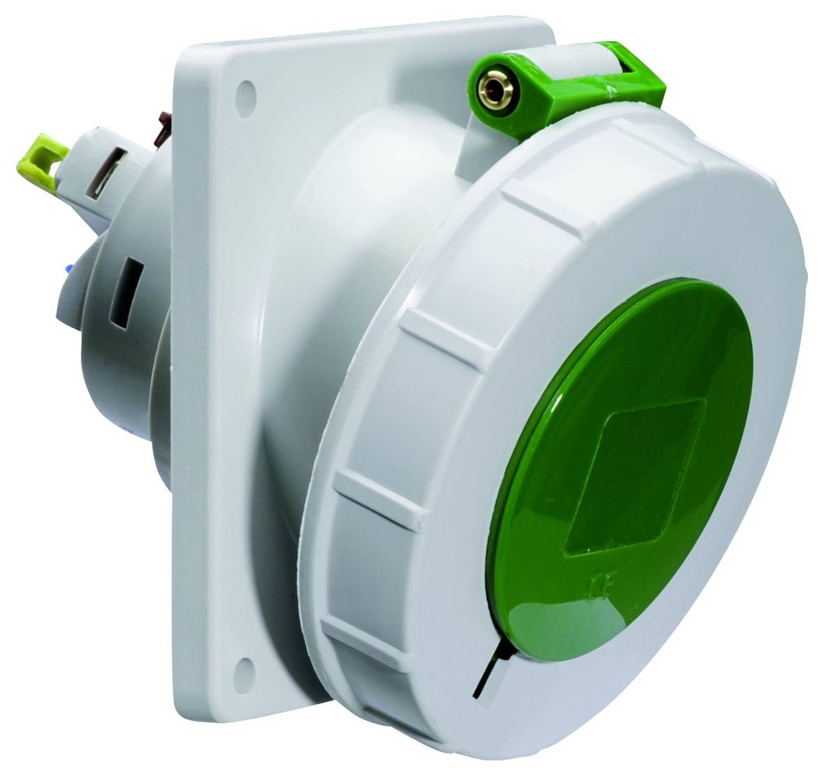 Ein weißes und grünes geschlossenes industrielles Stromsteckersystem, montiert auf weißem Hintergrund, konzipiert für sichere Stromverbindungen.