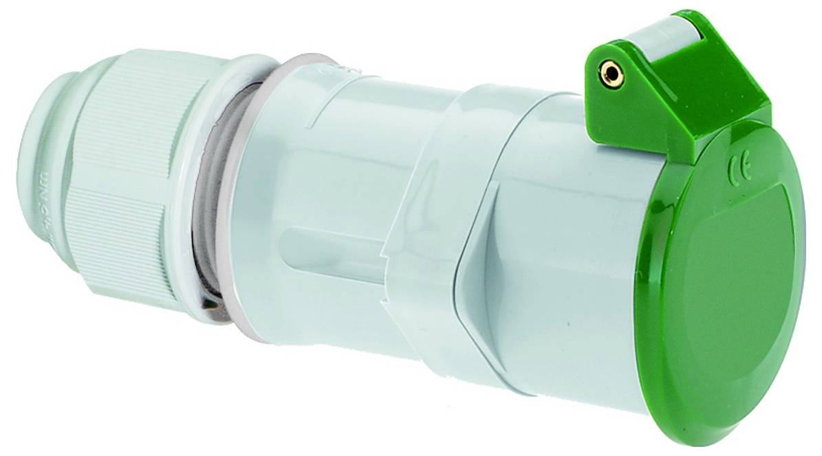 Blauer industrieller Elektrostecker mit grüner Kappe, entwickelt für sichere Stromverbindungen in industriellen Umgebungen.