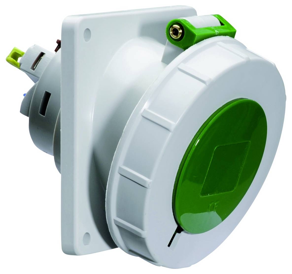 Eine Nahaufnahme einer grünen und weißen industriellen Elektrosteckdose mit verschließbarem Deckel, montiert auf einer rechteckigen Basis.