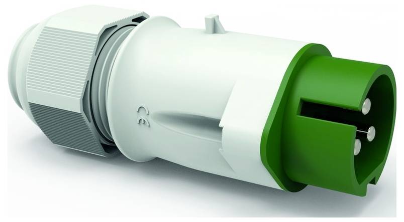 Ein grüner und weißer Elektrostecker mit drei Metallstiften, entwickelt für industrielle Anwendungen und hervorragend geeignet für robuste und zuverlässige Funktionalität.