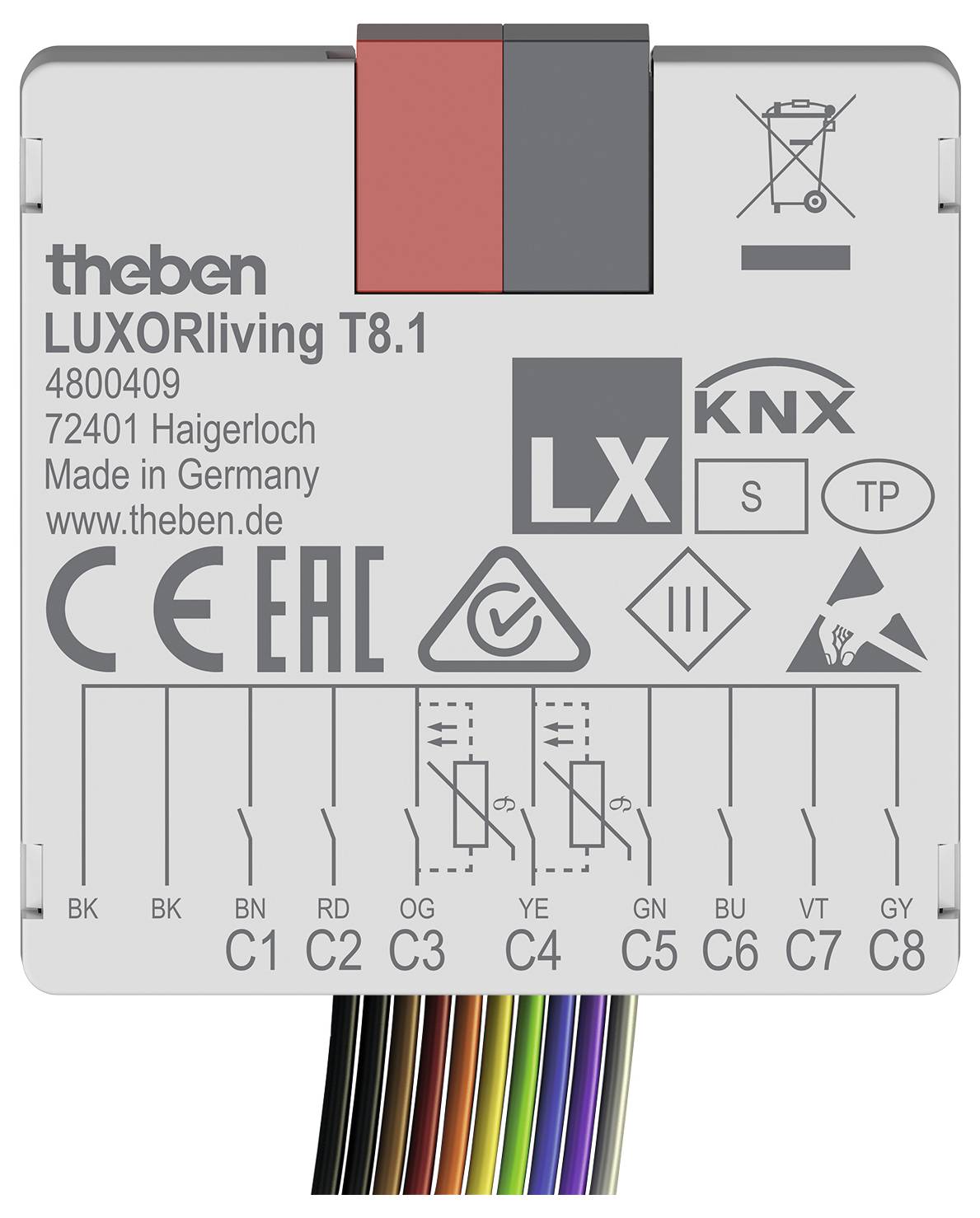 Theben LUXORliving T8.1-Gerät mit mehreren Anschlussanschlüssen; enthält Kennzeichnungen „CE