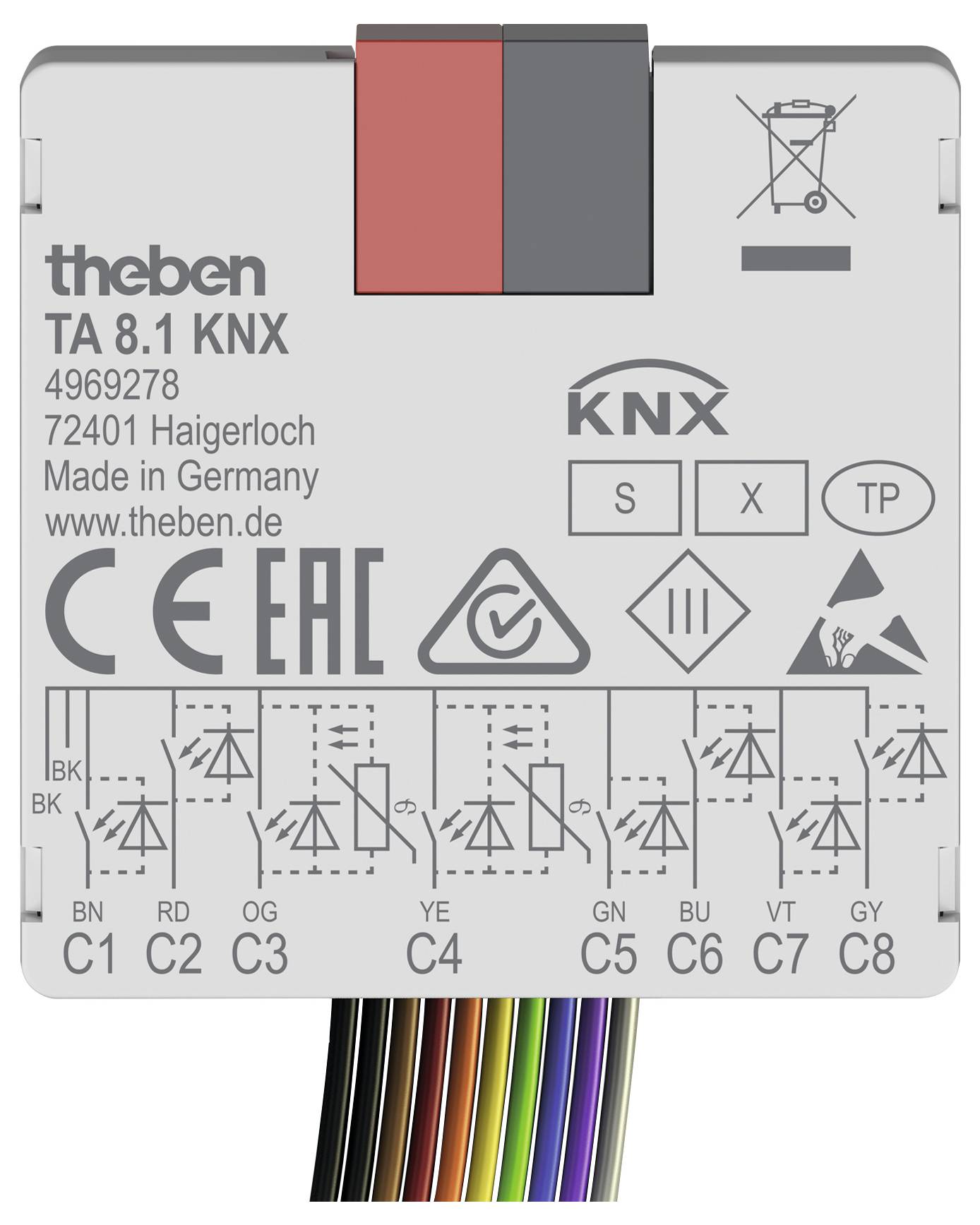 Ein KNX-Gerätemodell TA 8.1 von Theben, das mehrfarbige Drähte und Symbole anzeigt, die verschiedene technische Spezifikationen und Verbindungen andeuten.