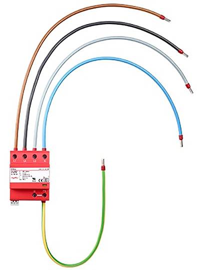 Ein Mehrfarbgerät-Überspannungsschutz mit gekennzeichneten Anschlüssen, das für die elektrische Sicherheit in Gebäuden verwendet wird.