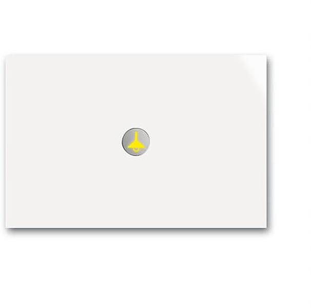 Ein weißes rechteckiges Objekt mit einem kleinen zentralen Logo, das einen gelben Pfeil zeigt, der nach unten in einem dunklen Kreis zeigt.