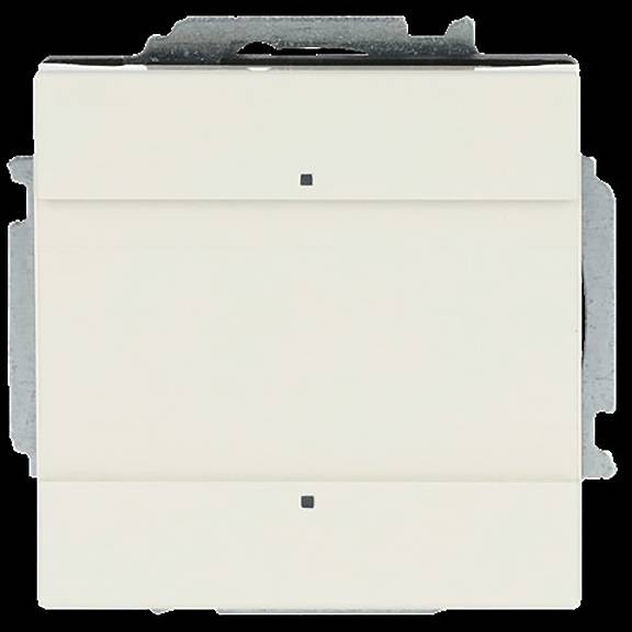 Ein weißer, rechteckiger elektrischer Wandschalter mit subtiler Gestaltung, mit kleinen schwarzen Markierungen oben und unten.