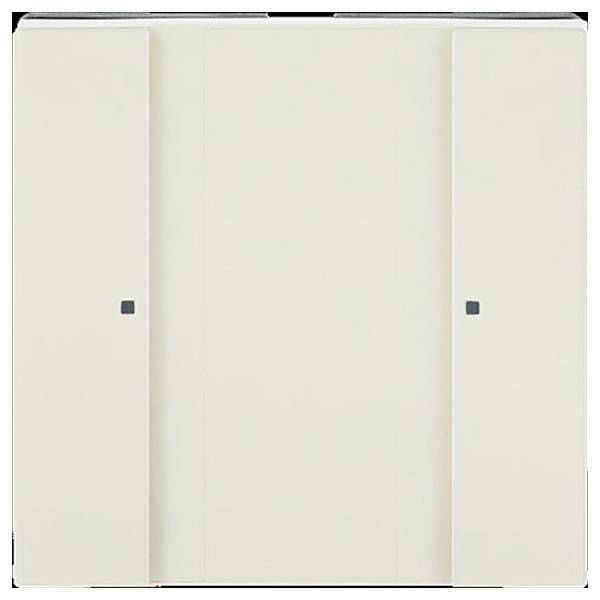 Ein weißes rechteckiges Schränkchen mit zwei Schiebetüren und kleinen schwarzen quadratischen Griffen auf jeder Tür, vor einem einfachen Hintergrund platziert.