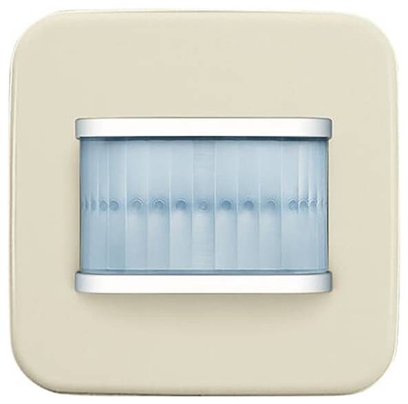 Ein Bewegungsmeldegerät mit rechteckigem beigefarbenem Rahmen und blauer Linse in der Mitte, entwickelt zum Erkennen von Bewegungen in einem Raum.