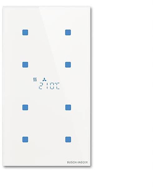 Ein weißes digitales Thermostat mit der Temperaturanzeige „21°C