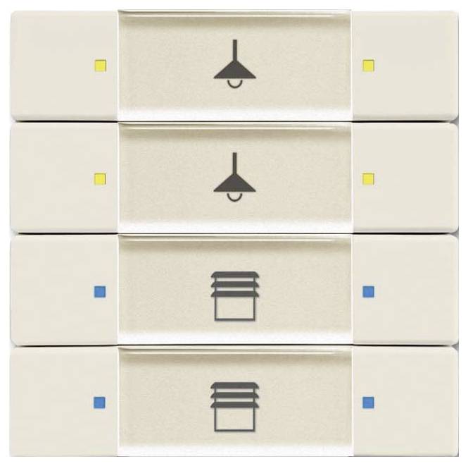 Vier übereinander angeordnete Schalter mit Symboltasten: zwei mit einem Deckenlampen-Symbol und zwei mit einem Einbauleuchten-Symbol, die verschiedene Beleuchtungssteuerungen anzeigen.