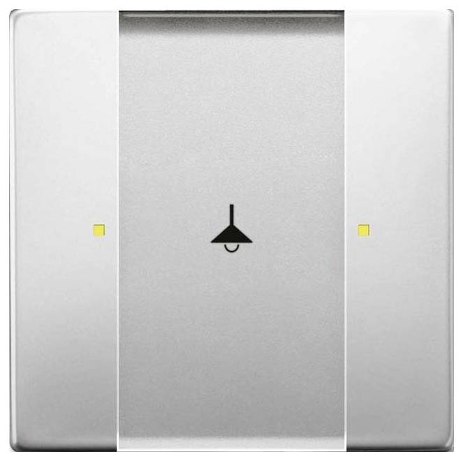 Ein metallischer Lichtschalter mit einem Lampensymbol in der Mitte, flankiert von kleinen gelben Quadraten auf beiden Seiten, die Ein-/Ausschaltoptionen anzeigen.