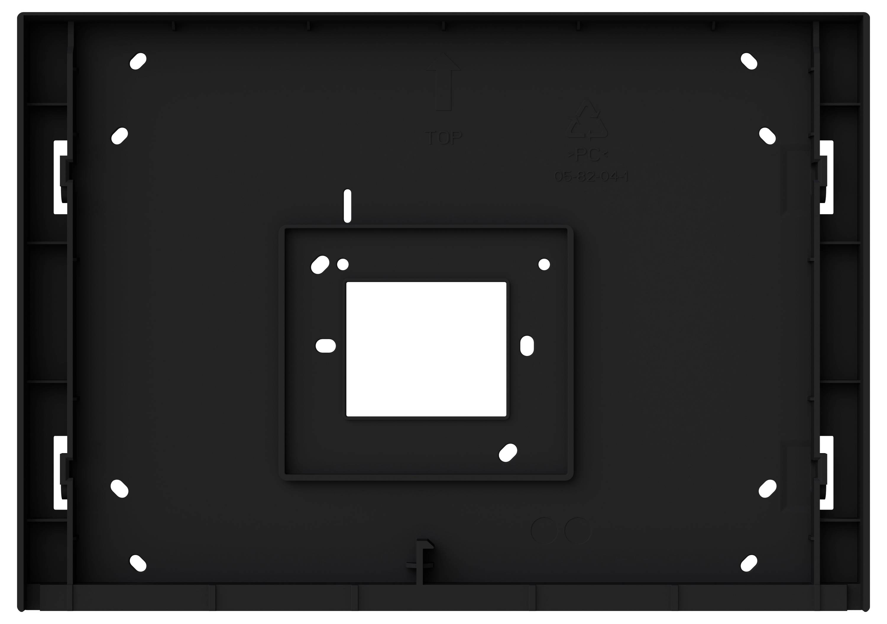 Ein schwarzer rechteckiger Kunststoffrahmen mit einer zentralen quadratischen Öffnung, umgeben von verschiedenen kleinen Befestigungspunkten und Clips an den Kanten.
