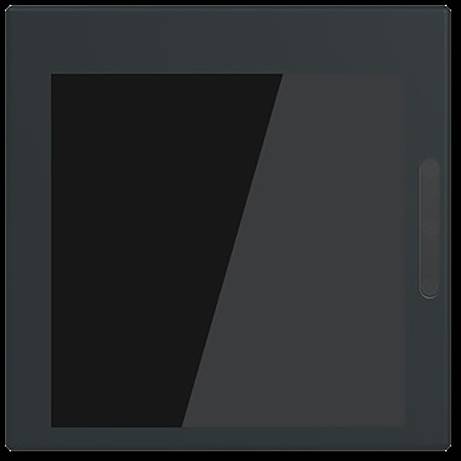 Ein schwarzes Quadrat mit einem helleren diagonalen Streifen und einer vertikalen Oval­form auf der rechten Seite.