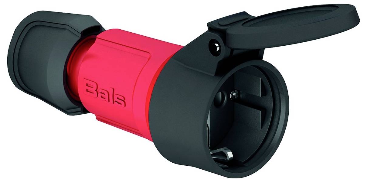 Ein roter und schwarzer Industriestecker mit geöffneter Schutzkappe, der eine Stromsteckdose im Inneren zeigt.