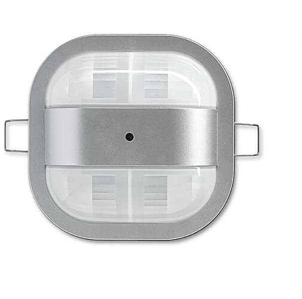 Draufsicht auf eine quadratische LED-Deckenleuchte mit mattem Glasabdeckung und metallischem Rahmen, mit zentralem kreisförmigem Sensor.