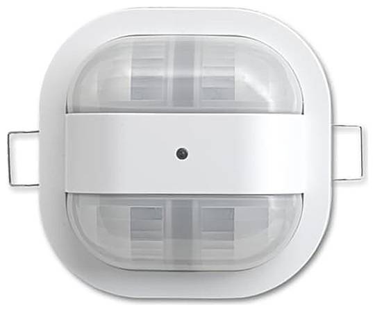 Ein weißes, rechteckiges Gerät mit zwei durchsichtigen Kuppeln und einem zentralen Sensor, wahrscheinlich ein an der Decke montierter Bewegungsmelder oder Lichtsensor.