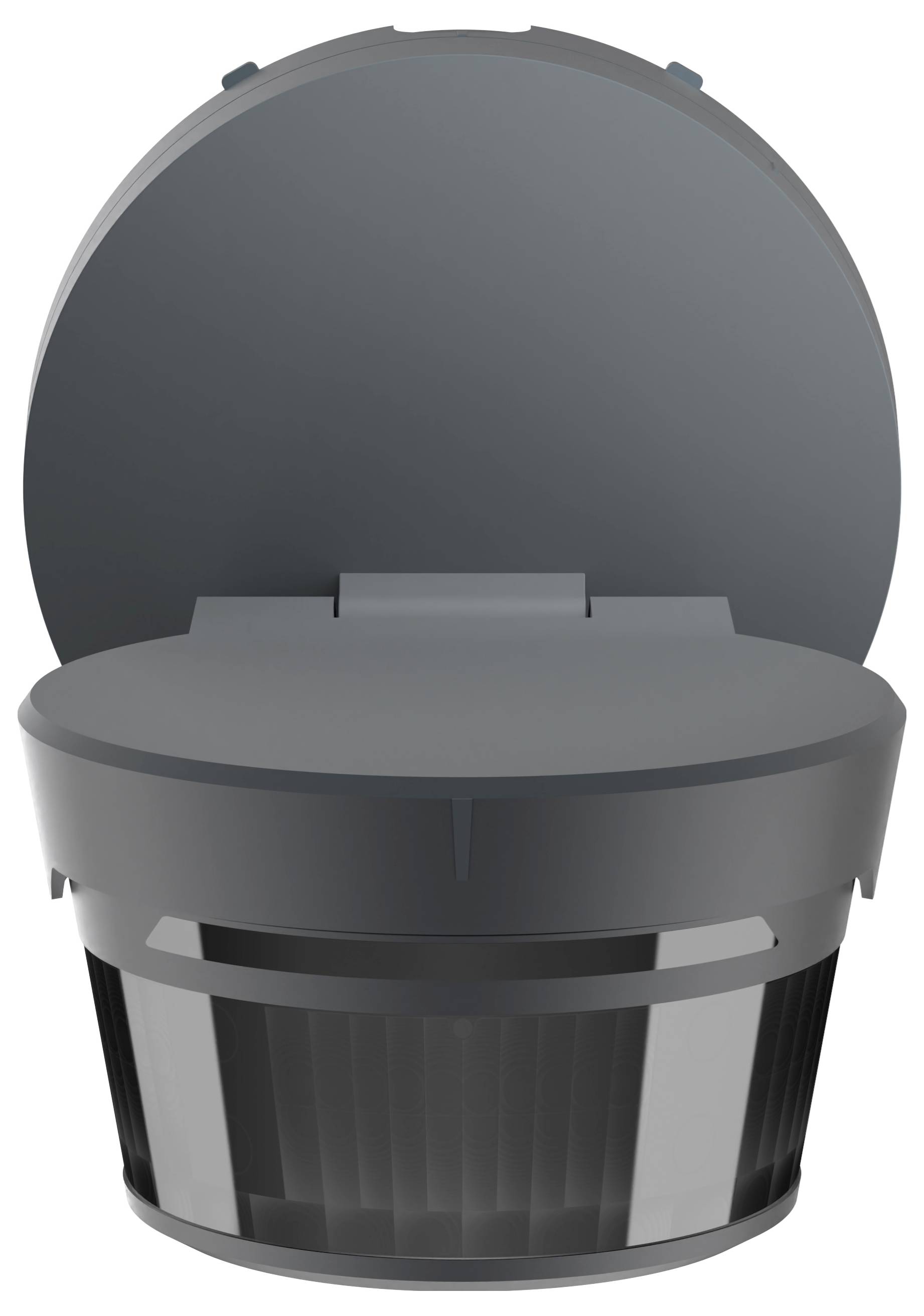 Eine dunkelgraue tragbare Toilette mit offener Haube, entwickelt für Camping- oder Reisegebrauch.