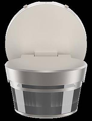 Eine beige Toilette mit offenem Deckel und modernem Design, die einen durchsichtigen Bereich in der unteren Hälfte aufweist.