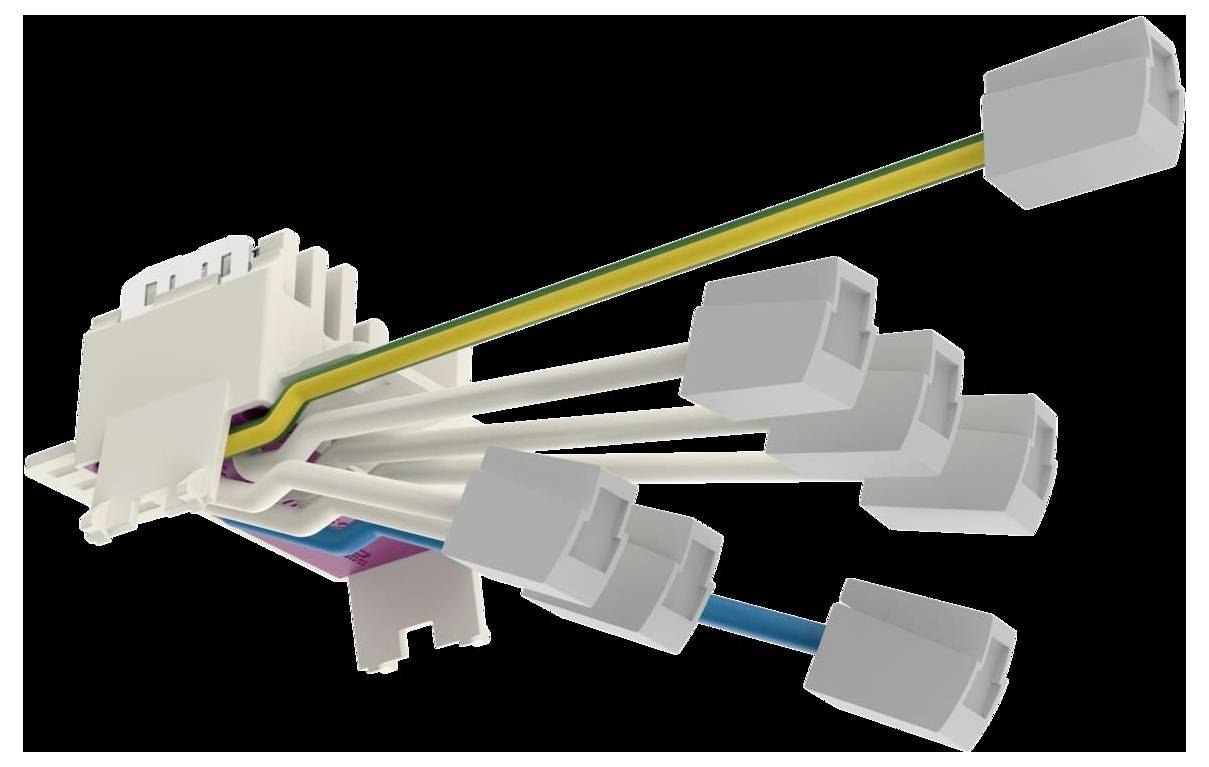 Ein Bündel von Computeranschlüssen mit farbenfrohen Drähten, die sich vor einem schwarzen Hintergrund ausbreiten und ein komplexes Netzwerk-Setup andeuten.