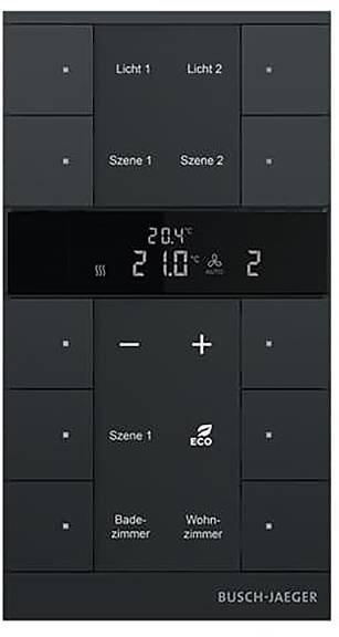 Intelligentes Steuerpanel für Smart Home mit Temperaturanzeige von 20,4°C. Schaltflächen für Lichtsteuerung, Szenen und Raumeinstellungen mit den Bezeichnungen „Szene 1