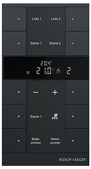 Ein an der Wand montiertes Bedienfeld mit Tasten für „Licht 1