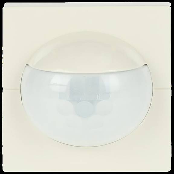 Ein weißer Bewegungsmelder an einer Wand angebracht, mit einer halbtransparenten Kuppel, die Bewegungen zu Sicherheits- oder Automatisierungszwecken erkennt.