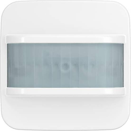 Ein weißer, quadratischer Bewegungsmelder mit einer zentralen, rechteckigen blau getönten Linse, entwickelt für Sicherheit oder Automatisierung in Innenräumen.