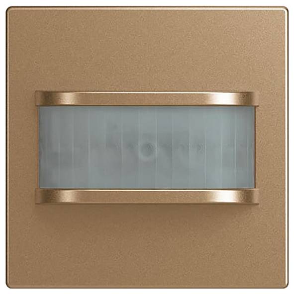 Vorderansicht eines elektrischen Wandschalter-Panels mit zwei Tasten: eine graue Taste auf der linken Seite und eine gelbe Taste auf der rechten Seite.