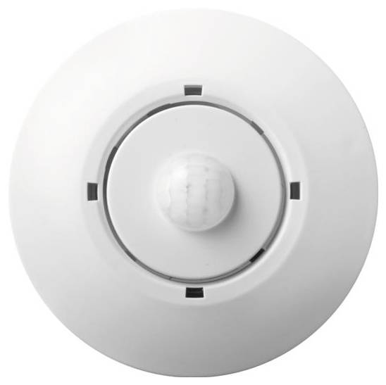 Ein weißer Bewegungsmelder mit einer zentralen Kuppel mit gerillter Oberfläche, umgeben von einer glatten runden Basis, konzipiert für die Deckenmontage.