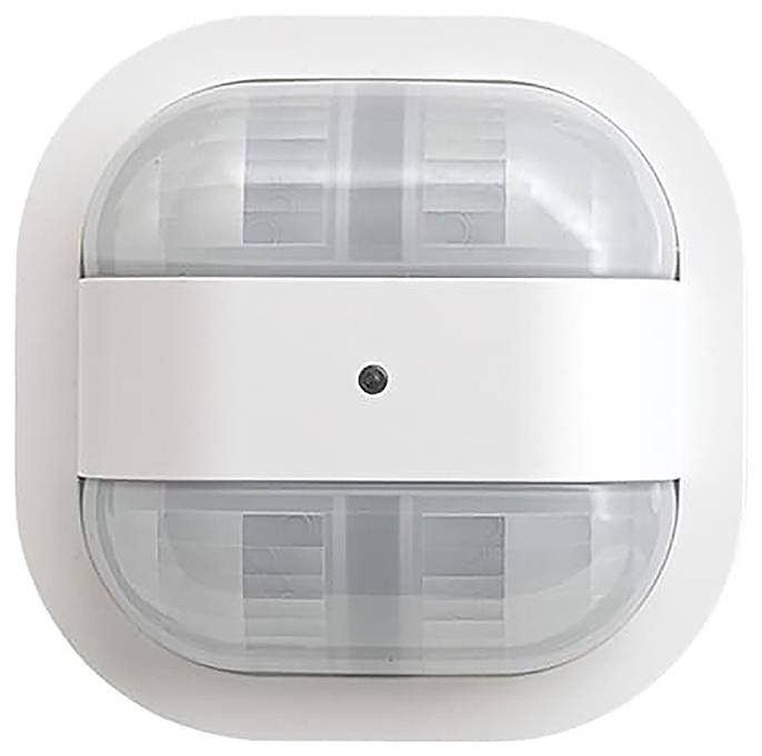 Ein weißes quadratisches Bewegungssensorgerät mit Kuppellinse und kleinem schwarzem Punkt in der Mitte, das zur Erkennung von Bewegungen in einem Raum verwendet wird.