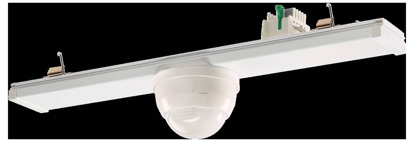 Eine an der Decke montierte rechteckige LED-Leuchte mit einer zentralen Domenkamera, mit weißer Basis und zwei metallischen Clips an den Seiten.