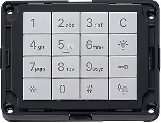 Eine rechteckige Tastatur mit den Zahlen 0-9 und Tasten für 'C', ein Glühbirnensymbol, ein Sternchen und ein Glockensymbol.