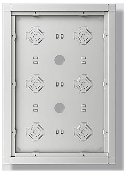 „Metallmontagrahmen mit kreisförmigen Aussparungen und Eckhalterungen, entworfen für elektrische oder Netzwerkinstallationen, auf weißem Hintergrund.