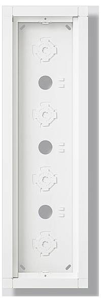 Weißer vertikaler Rahmen zum Halten von vier Steckdosen, mit Abständen und Ausschnitten zur Montage. Keine Steckdosen installiert, nur die Grundplatte.