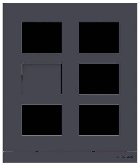 Ein schwarzes modulares Wandpaneel mit sechs quadratischen Feldern, wobei ein Feld belegt ist. Einfaches Design, möglicherweise für Schalter oder Steckdosen.